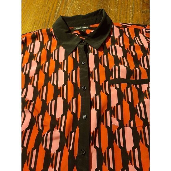 Large Valerie Stevens Long Sleeve Collared Button Front Pink Black Blouse Shirt - Picture 2 of 4